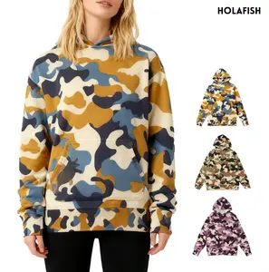 Holafish Camouflage Oversized Hoodies - Women's Long Sleeve Cotton Blend Vintage Effect Loose Fit Pullover Top for Casual & Trendy Looks