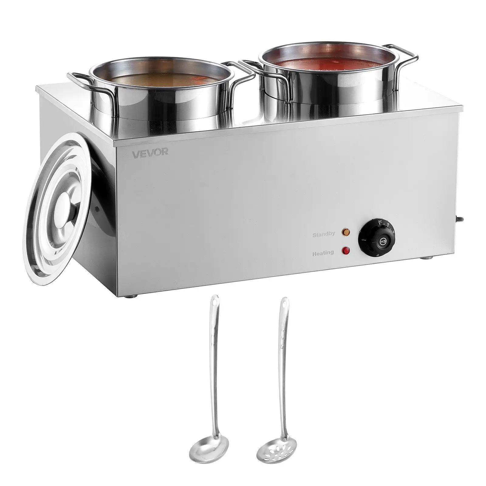 VEVOR 1200W Electric Soup Warmer, 2x6.34QT Stainless Steel Round Pans, 86-185°F Temp Control, Commercial Pan-Compatible Double Boiler Station for Restaurant, Buffet, Stainless Steel Pans