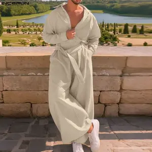 INCERUN Mens Spring Summer Japanese Style Vacation Jumpsuit Soft Comfortable V-Neck Belted Wide Leg Romper for Casual Beach Homewear