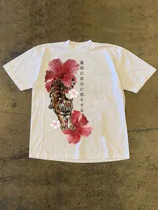 Y2K Retro Japanese Floral & Tiger Print T-Shirt, Round Neck, Men's Loose Fit Comfortable Casual Top, Suitable For Daily Wear, Menswear