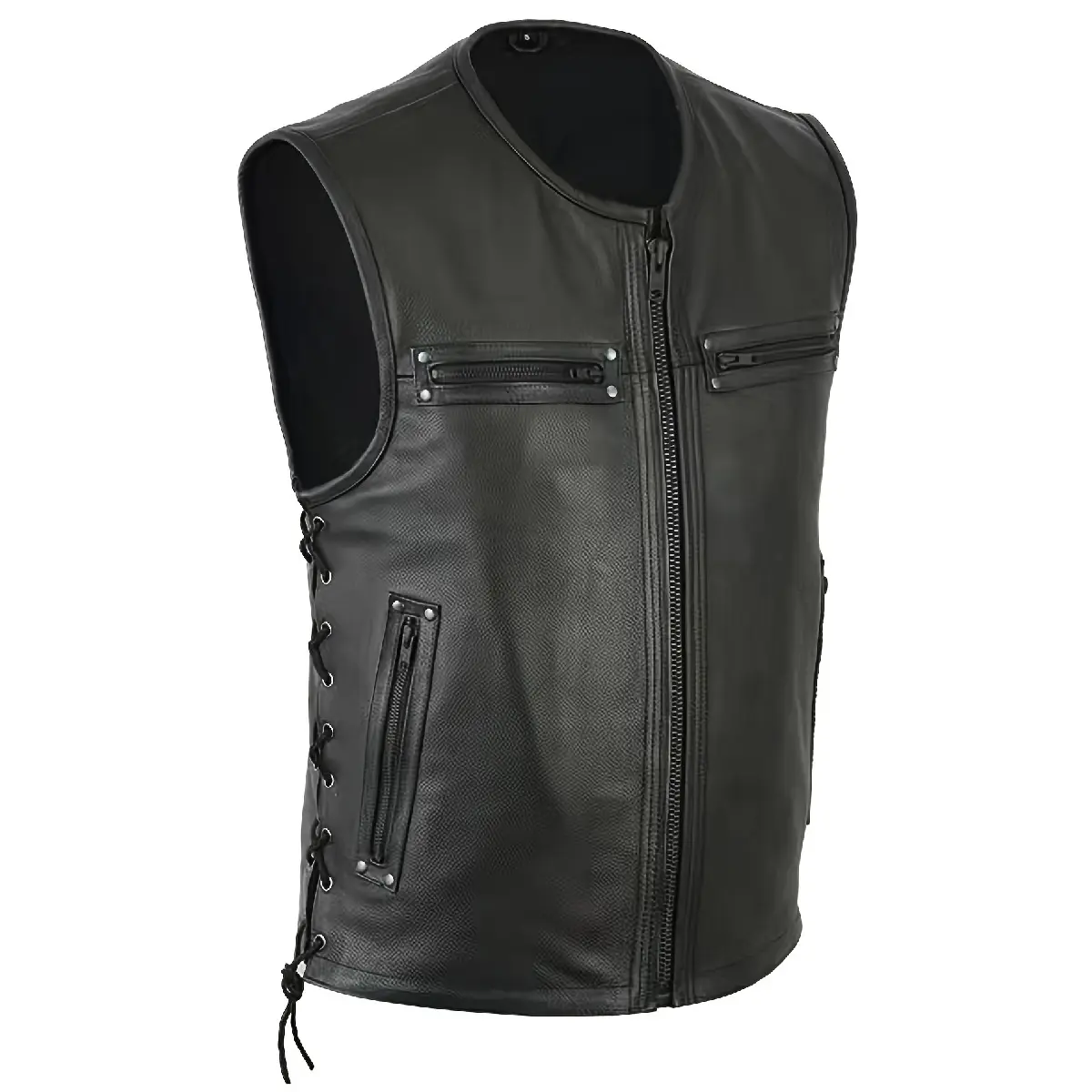 Men's Open Front Vintage Polyurethane Synthetic Motorcycle Vest - Stylish Menswear Waistcoat & Gilet Outerwear, No, Tops, Sleeveless, Plain