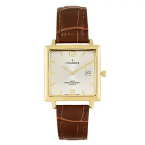 Peugeot Men's 35mm 14K Gold Plated Square Watch with Brown leather Strap