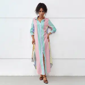 WENRY Spring And Summer Striped Colorful Long Sleeve Shirt Dress Machine Washable Fashionable Striped Pattern
