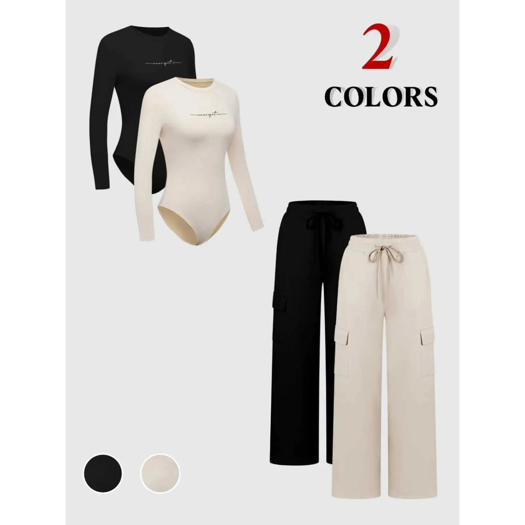 2026 Women's Solid Long Sleeve Bodysuit & Drawstring Waist Pants Set Casual Round Neck Ribbed Tops & Jogger Lounge Matching Outfits, Stretchy, Stylish, Contemporary, Soft Touch, Easy Wear, All Seasons