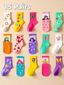 Girl's Butterfly & Heart & Flower Print Crew Socks, Cute Comfy Breathable Socks for Daily Wear, Kids Socks for All Seasons, Casual Comfy Socks