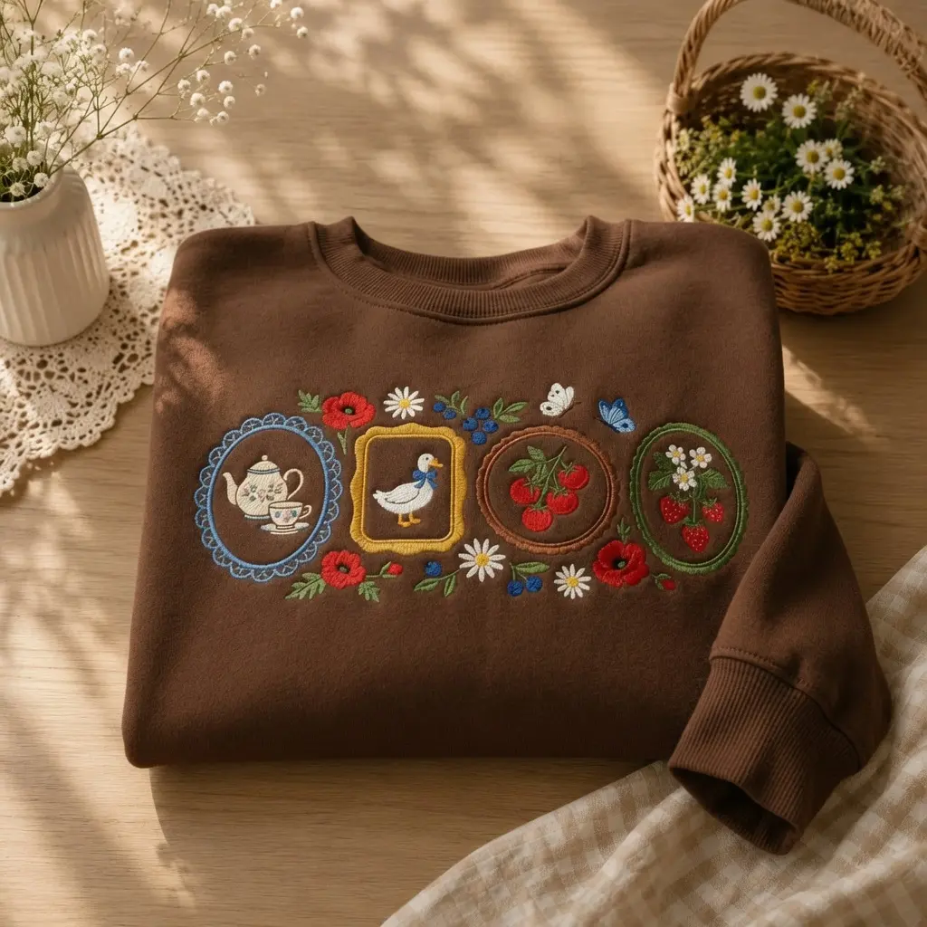Embroidered Cottagecore Goose Sweatshirt, Vintage Strawberry Farm Shirt, Floral Goose Tee, Farmcore Aesthetic, Farmhouse Gift