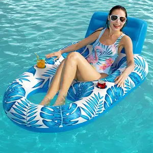 Inflatable Pool Float with Armrest & Backrest Adult - Cozy Pool lounger float with Cup Holders ,Tropical-print Tanning Bed Pool Floaties - PVC Float Chair for Swimming Pool,Summer Beach Pool Party Supplies for Adults, Pool Float Chairs