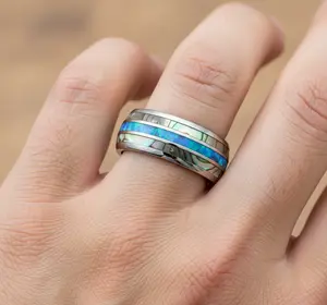 Abalone Shell Wedding Band, Blue Opal Inlay Tungsten Ring, Unisex Wedding Band, Men's Anniversary Ring, Unique Promise Ring, Men's Opal Ring