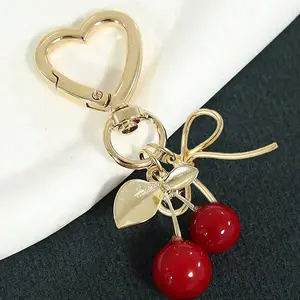 Sweet Heart Lobster Clasp Cherry Keychain, Keychain For Bags, Shiny Metal Bow Charm, High-Quality Cherry Bag Decoration, Perfect Gift