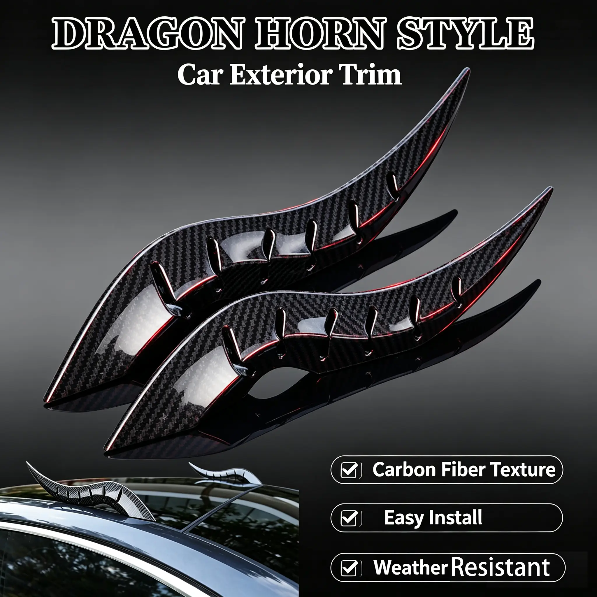 3D Car Roof Dragon Horns Car Stuff - Cool No-Drill Exterior Decor Visual Accent Body Kit, Universal Fit for SUVs, Sedans, Hatchbacks