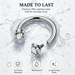 16G 8mm 316L Surgical Steel U-Shape Cubic Zirconia Screw Nose Ring, Hypoallergenic Piercing Jewelry for Women