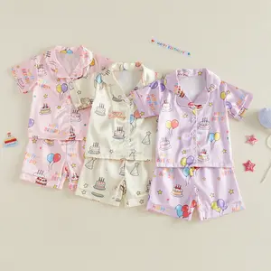 Toddler Girl Birthday Satin Pajamas Set Balloon Cake Print Lapel Short Sleeve Button Down Tops with Shorts Sleepwear