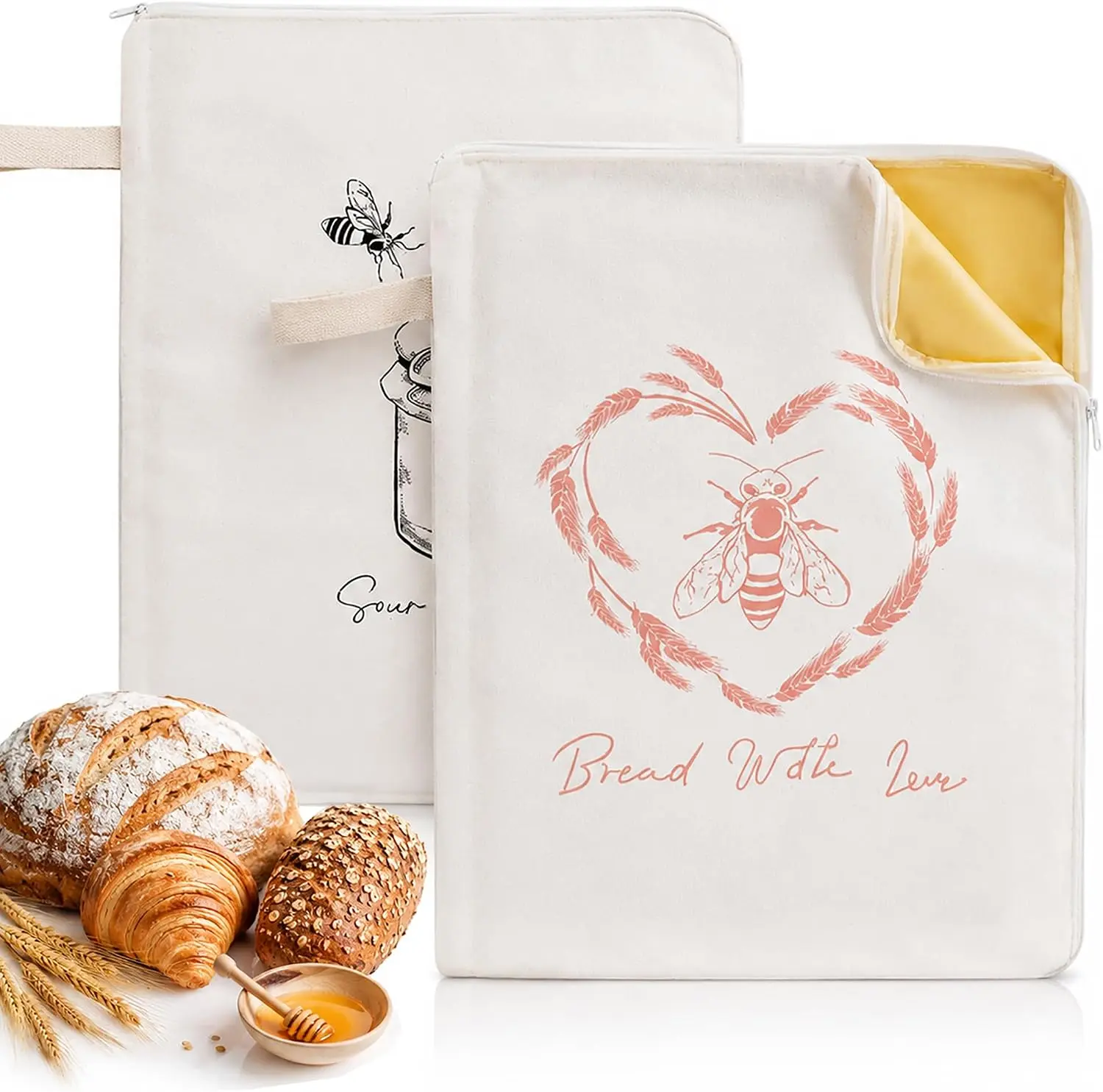 2-pcs cotton and linen bread preservation bag with zipper, 17 x 13 inches, beeswax cotton and linen bread storage bag, reusable, suitable for sourdough, handmade bread, and baguette bread, suitable for home baking