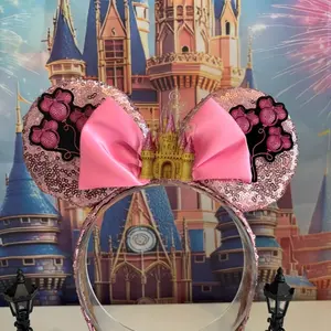 Sparkly  Mouse Ears with Pink Balloon Sequin Bow Sequin Bow Mouse Headband for Theme Park Days Vacations Special Occasions