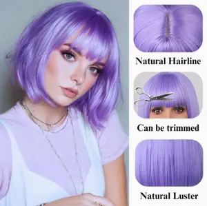 12-inch Short Bob Light Purple Wig with Bangs, Colored Wigs for Halloween, Daily Wear & Cosplay Parties, Heat-resistant Straight Synthetic Fiber Cosplay Party Wig (Light Purple)