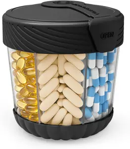 HIONXMGA Large Plastic Pill Dispenser - Portable Medicine Bottle Organizer for 7 Vitamins, Anti-Mix Supplement Holder with Easy-Twist Wide Opening, BPA-Free Container, 20 Labels Included, Black Waterproof Titanium