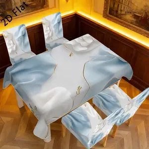 New 2D Flat Printed Tablecloth & Chair Cover Set, 5Pcs/7Pcs Rectangle Table Decor, Washable Reusable All-Season