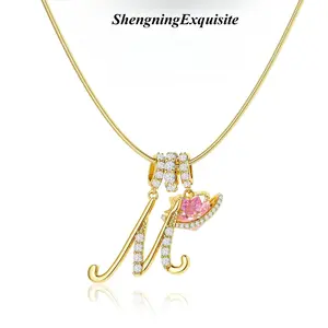 Gold 3-Layering A-Z Initial Letter Pendant Necklaces for Women, Snake Chain Choker with Pink Heart Zircon, Adjustable Length Jewelry Necklace for Valentine's Day