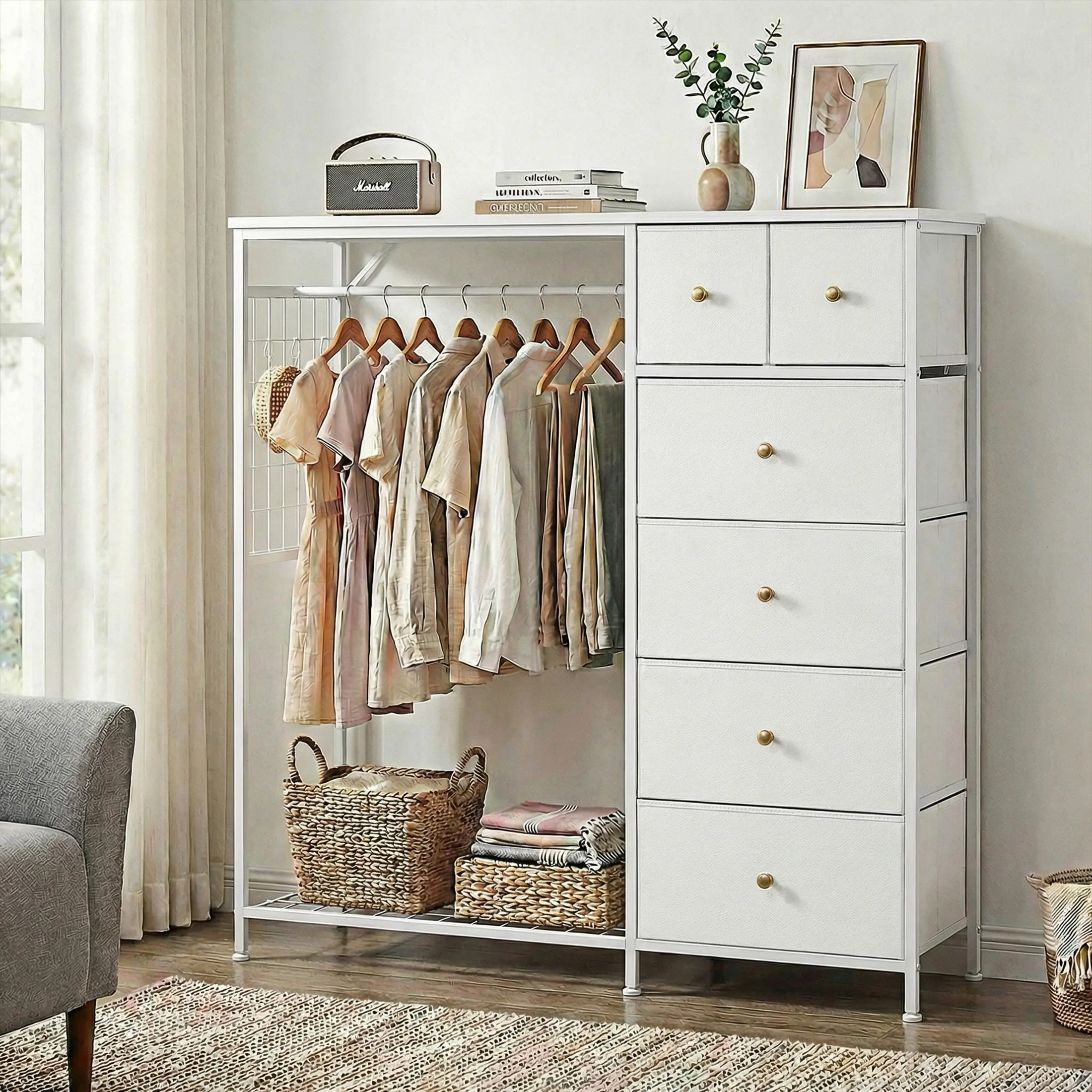 White 6-Drawer Dresser with Hanging Rack, Reversible Fabric Chest for  Bedroom, Tall Storage Tower with Sturdy Frame, 44 Inch - TikTok Shop