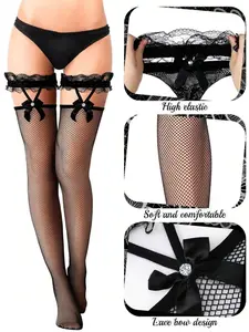Women's Bow Decor Lace Fishnet Fitted Knee-high Socks, Sexy Fashionable Knee High Socks for Daily Wear, Women's Stockings for All Seasons, Womenswear