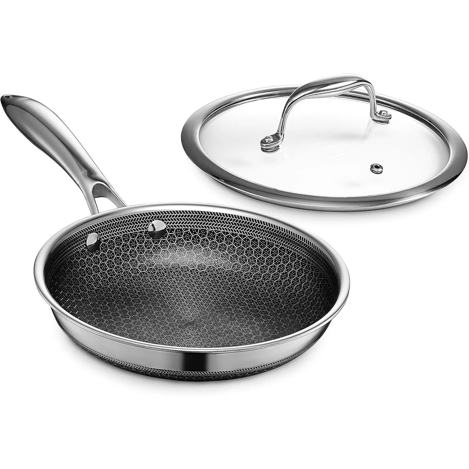 HexClad Hybrid Nonstick 8-Inch Frying Pan with Tempered Glass Lid, Stay-Cool Handle, Dishwasher-Friendly, Oven-Safe Up to 900°F, Induction Ready, Compatible with All Cooktops