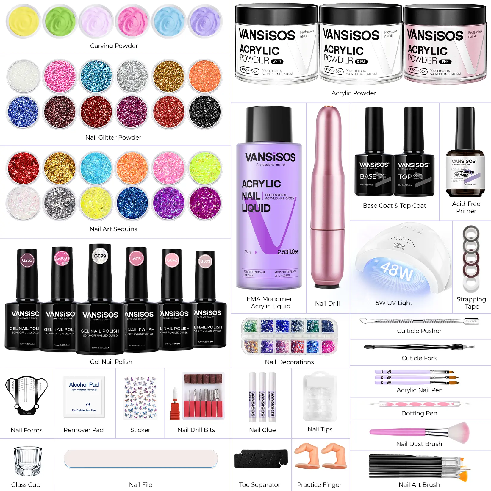 VANSISOS All-in-One Acrylic Nail Kit | 500+PCS Nail Charms & Tools | Beginner-Friendly DIY Nail Art Set for Stunning Salon Results at Home