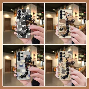 Skin-friendly feel silicone Phone Case For Samsung Galaxy S23 Ultra/SM-S918U soft case Bear bracelet Black pearl pendant Dirt-resistant Simplicity Cartoon Waterproof