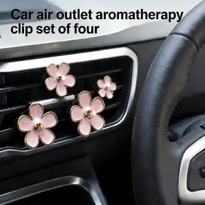 New 4-Pack Cute Pink Flower Car Air Vent Clips, Bling Gold Trim Aromatherapy Decorations, Universal Fit for Most Vehicle Vents, Fragrance-Free Auto Interior Accessories for Women and Girls