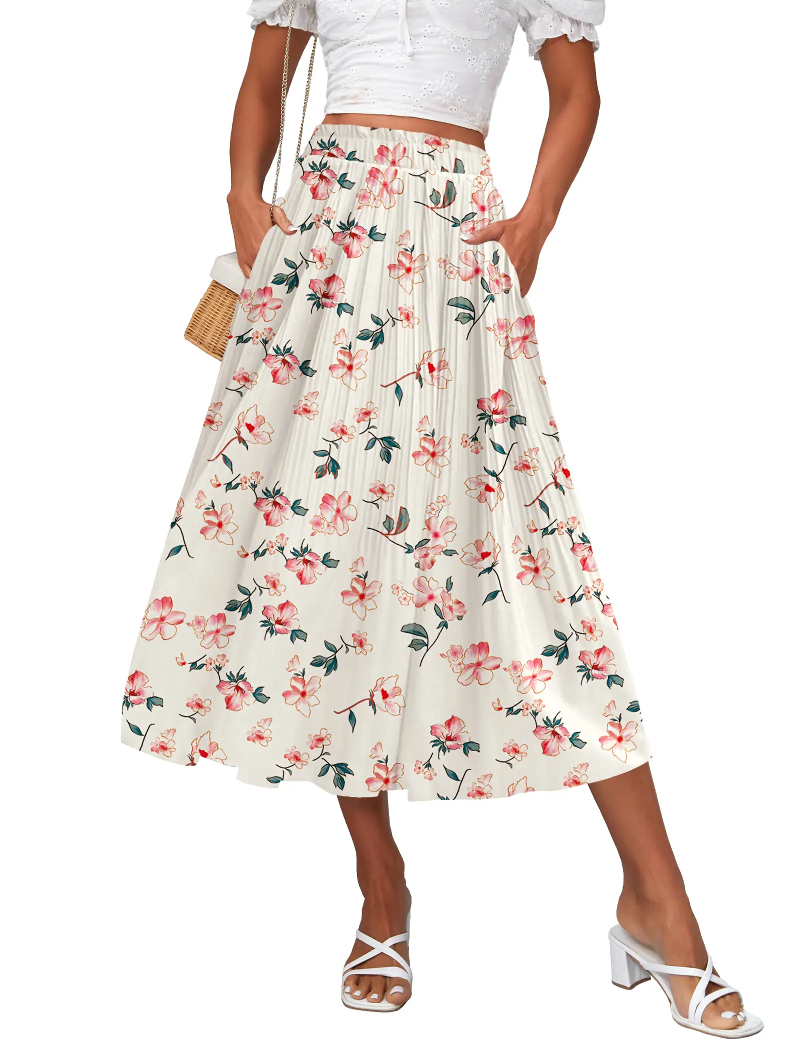 Zeagoo Women's Midi Skirts High Waisted Pleated A-Line Swing Skirts Summer Floral Long Skirts with Pockets