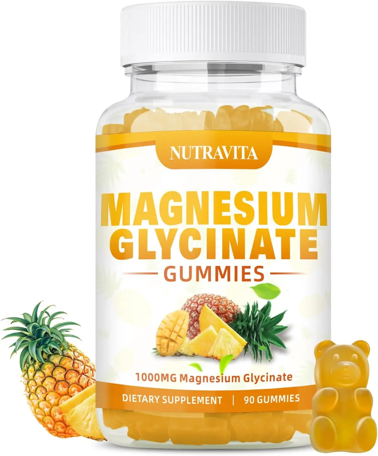 Magnesium Glycinate Gummies 1000mg with Magnesium L-Threonate,Chelated Magnesium Potassium Complex Supplement with VitD, B6, CoQ10, Calcium,Supports for Memory, Calm, Mood - 90 Mango pineapple Gummies