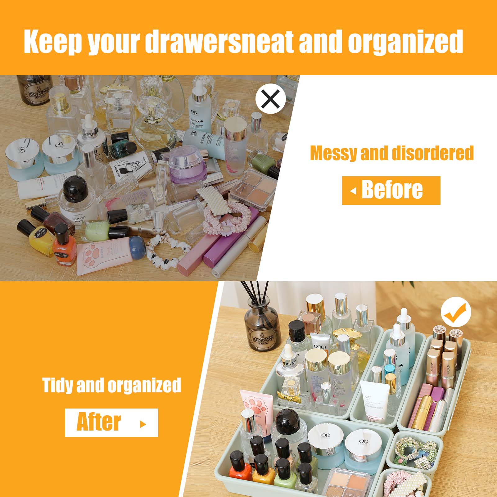 16-Piece Plastic Drawer Organizers Set - 4 Sizes, Versatile Storage Bins for Bathroom Vanity, Kitchen Utensils, Makeup, Office Supplies, Lightweight Sturdy, Bakeware