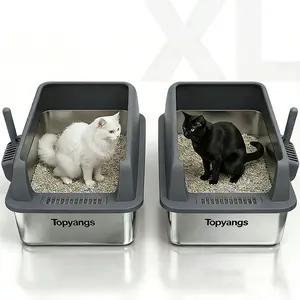 Topyangs 2-Pack XL Stainless Steel Extra Large Cat Litter Box High Wall Metal Construction Non-Sticky Material Easy to Clean for Multiple Cats 23.6x15.5x10 Inches