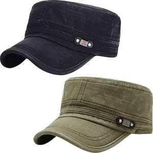 2PCS Unisex Cadet Army Cap Adjustable Flat Top Cap Washed Cotton Military Hat Baseball Cap