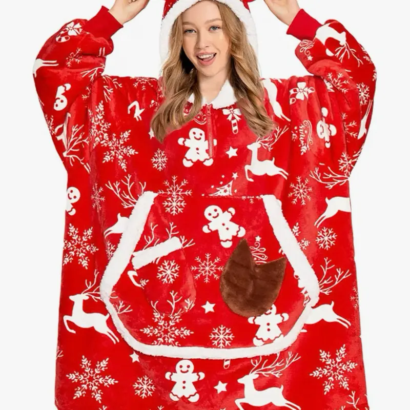 OLAOLA Sherpa Fleece Wearable Blanket Hoodie with Sleeves and Pocket, Red Reindeer Design