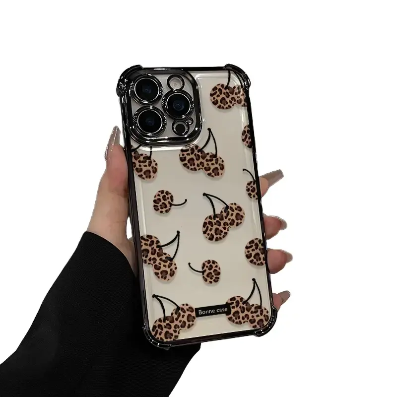 Leopard Cherry Pattern Four-corner drop-proof TPU phone case for Phone17 16 15 14 Pro Max 13 12 11 XR XS Plus fashion shockproof full camera protection durable slim silicone case mobile phone case,durable phone accessory