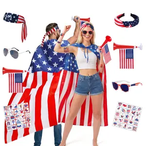 USA Patriotic Party Set, 250th Independence Day Party Set 5PCS – 250th 4th of July Accessories for Men & Women | Flag Cape, Headband, Sunglasses, Tattoos, Horn