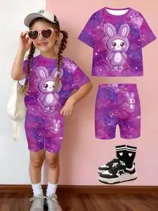 Girls' Cartoon Short Sleeve Top and Shorts Set, Casual Streetwear, Perfect Gift for Kids, Outdoor Wear, All over Print Design