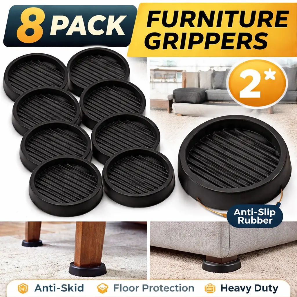 8-Pack 2x2 Rubber Caster Cups - Circular Pads, Non-Slip Heavy-Duty Black Grippers for Kitchen Island, Bed, Hardwood Tile Floor Protection