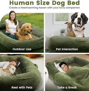 Extra Large Human Dog Bed for Adult with Handle, Blanket and 4 Storage Pockets - 72"x48"x10" Army Green