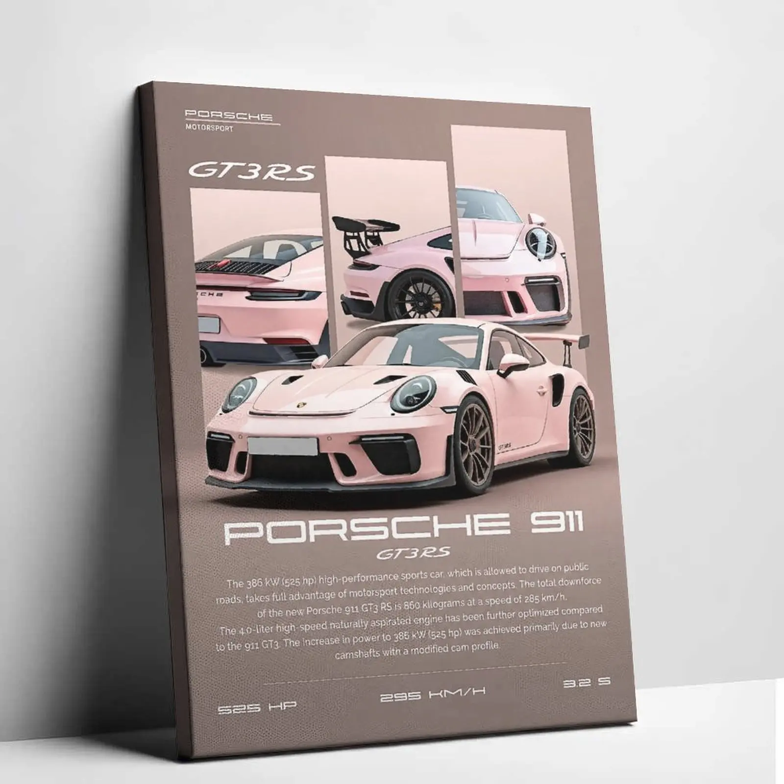 Car Poster GT3RS Inspired Canvas Painting Pink Supercar Performance Poster Luxury German Automotive History Technical Specification Sheet Graphics Print Living Room Garage Man Cave Decor