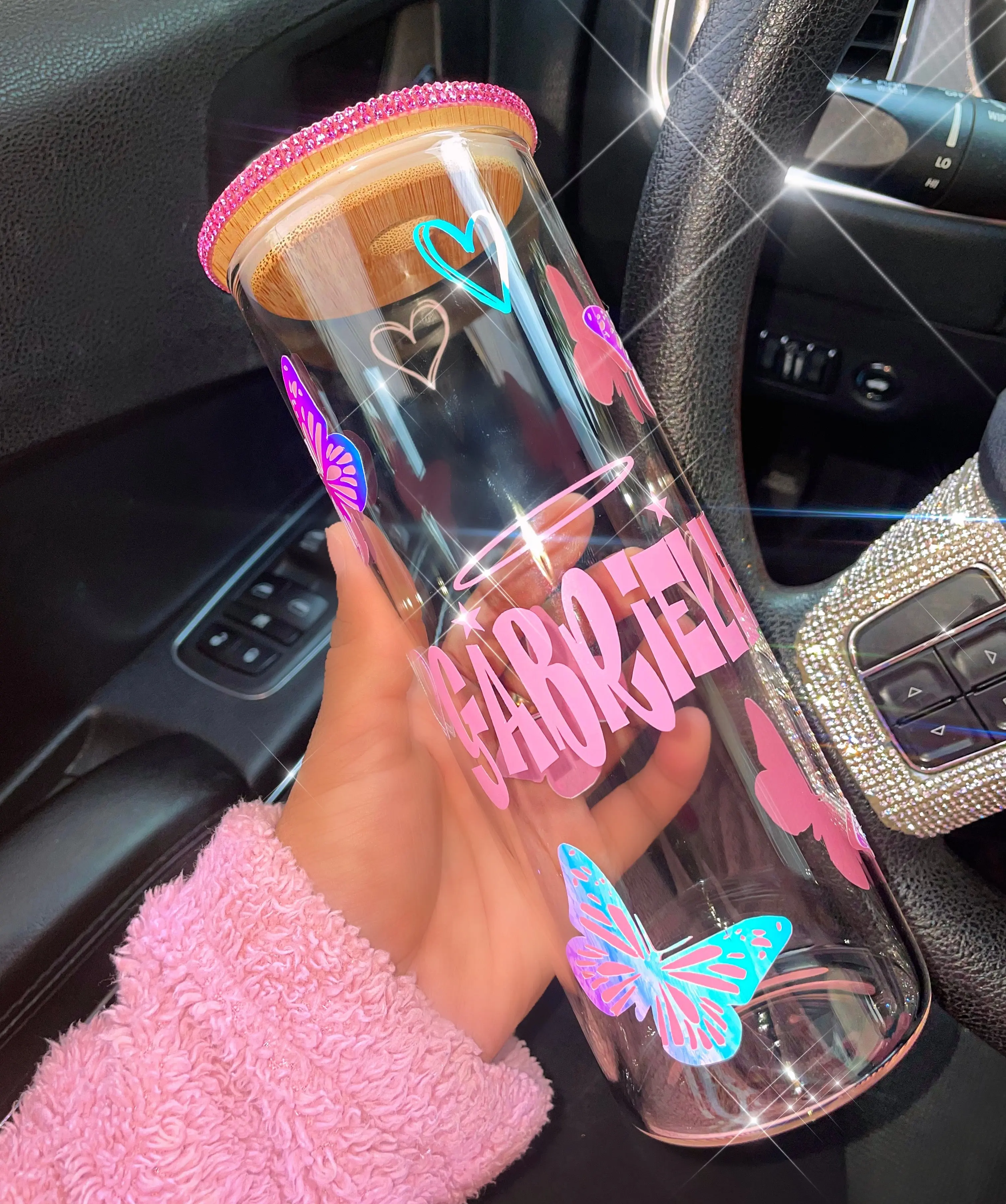 Custom Name Holo Y2K Glass Bamboo Lid Straw Tumbler Drinkware Cup