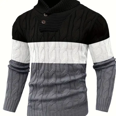 HYPESTFIT Men's Casual Ink Blue Contrast Knit Pullover - Menswear, Geometric Pattern, Large Lapel Collared Neck, Long Sleeves, 100% Polyester Fabric, Slight Stretch, Regular Fit, Hand Wash, Fall Winter Comfortable Layering Top