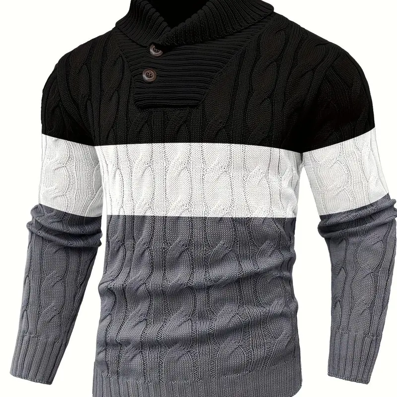 HYPESTFIT Men's Casual Ink Blue Contrast Knit Pullover - Menswear, Geometric Pattern, Large Lapel Collared Neck, Long Sleeves, 100% Polyester Fabric, Slight Stretch, Regular Fit, Hand Wash, Fall Winter Comfortable Layering Top