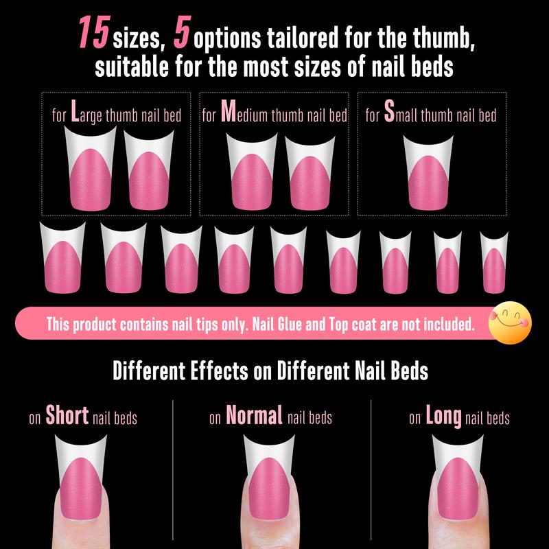 NOVO OVO Duck Nail White French Tips Press On ROSE PINK with Glitter, Full Cover Acrylic with Moon Curve, Medium Thick Pre-Etched Flare Wide Soft Gel False Nail Extension x 15 Sizes 150 pcs【NO GLUE ,TOP COATAND LAMP INCLUDED】