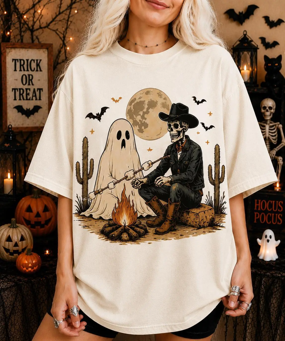 Comfort Colors Western Halloween Shirt, Skeleton Cowboy Ghost Campfire Tee, Spooky Western Graphic T-Shirt, Cowboy Skeleton Camping Shirt