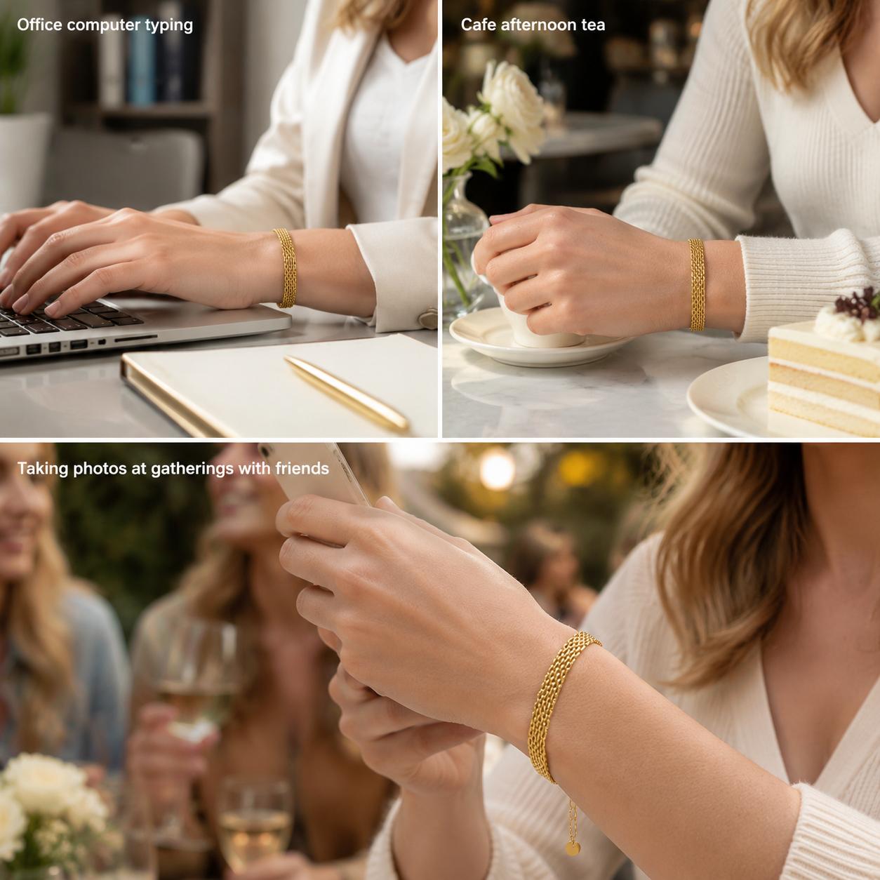 Waterproof Chunky Chain Bracelet for Women - 14K Gold Plated Trendy Adjustable Chain Bracelet - Lightweight Stainless Steel Jewelry | Gold Bracelet for Women, Mesh Bracelet Weaving Bracelet with Lobster Clasp, Elegant Fashion Jewelry Gift for Her