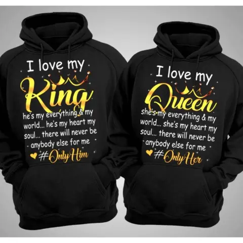 I Love My King Queen Couple Matching Shirt Graphic Couple Hoodies Casual Fleece Fabric Pullover for Women for Men, Menswear Cotton Unisex Apparel Day Valentine Personalized summerwins