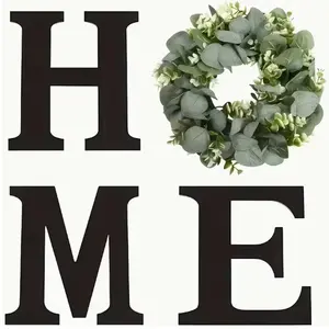 Wood Home Sign with Artificial Eucalyptus Wreath for O, Hanging Farmhouse Wall House Decor Wood Letters for Wall Art Rustic Home Decor, Wall Decor for Living Room Kitchen Entryway (Black)