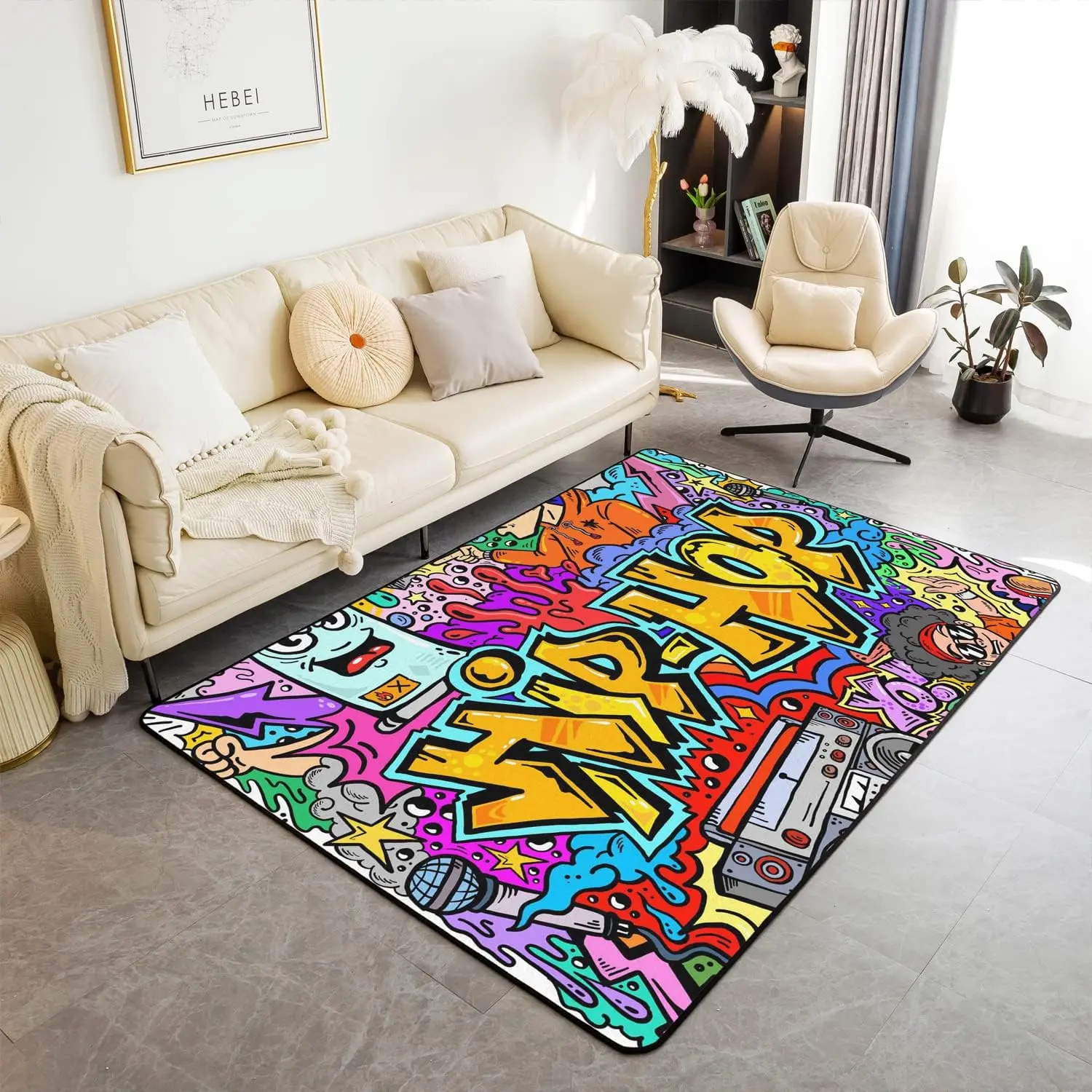 Feelyou Hip-Hop Aesthetic Multicolor Modern Abstract Decorative Rug - Hippie Graffiti Street Culture Grunge Art Accent, Contemporary Geometric Rug, Funky Room Decor for Living Room Mat, Entryway, Entryway Rug, Contemporary Rugs