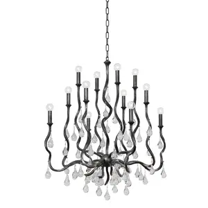 Aveline Chandelier with Swirling Arms and Crystal Drops in Gold Leaf or Black Silver Leaf